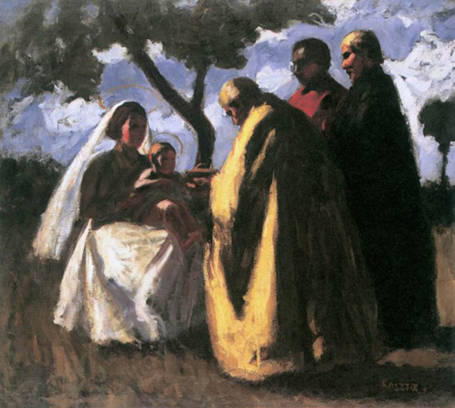 Koszta József festményén a napkeleti bölcsek a kis Jézus színe elé járulnak.