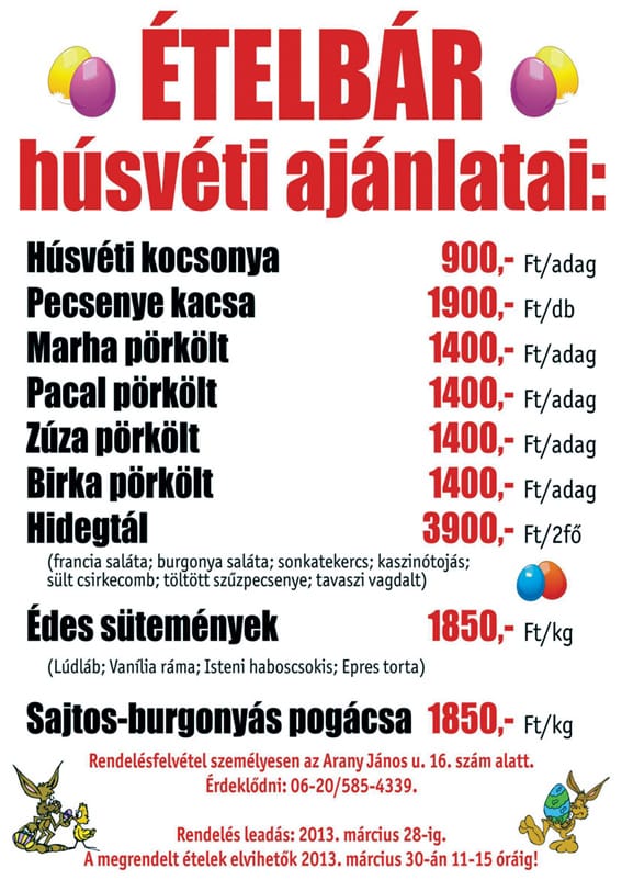 Az Ételbár húsvéti ajánlata.