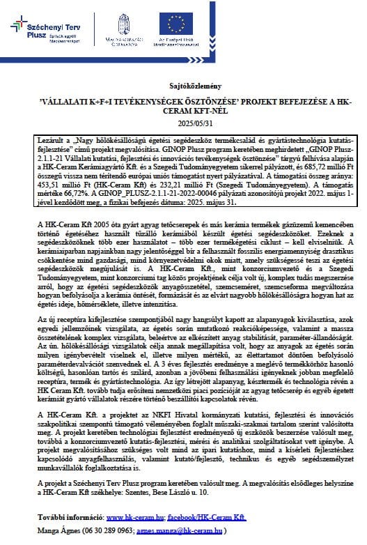 A HK-CERAM Kft. Sajtóközleménye